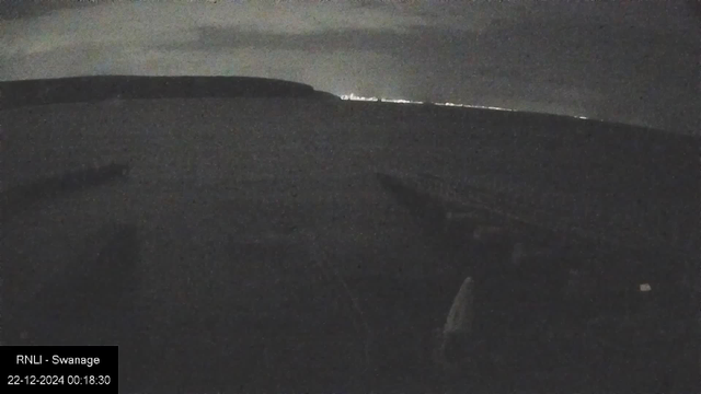 A nighttime webcam image showing a dark sea with a silhouette of a distant landmass on the horizon. There are small, scattered lights visible along the horizon, possibly from a town. The sky appears cloudy with faint light breaking through. The bottom left corner has text: "RNLI - Swanage 22-12-2024 00:18:30".